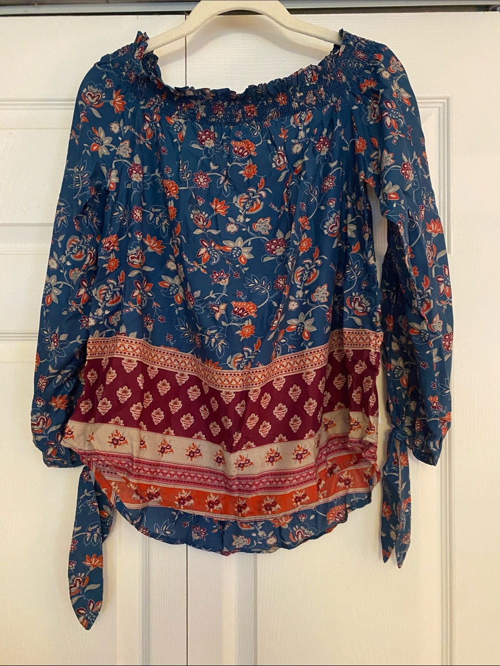 Women’s Boho Off-Shoulder Floral Peasant Top - Blue Multi